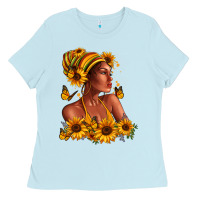 Baby Blue Afro American woman sunflowers Ladies Tee - RanaPortraitStore
