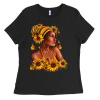 Black Afro American woman sunflowers Ladies Tee - RanaPortraitStore