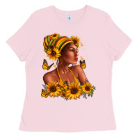 Bubblegum Pink Afro American woman sunflowers Ladies Tee - RanaPortraitStore