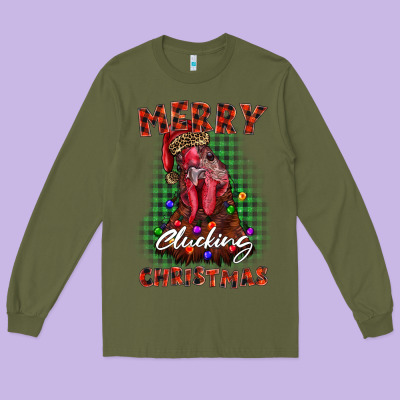 Merry Clucking Christmas Rooster Long Sleeve Tee Designed By Barkaloodesign