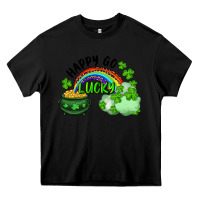 Black Happy Go Lucky Rainbow Shamrocks And Pot Of Gold Heavy Core Tee - RanaPortraitStore