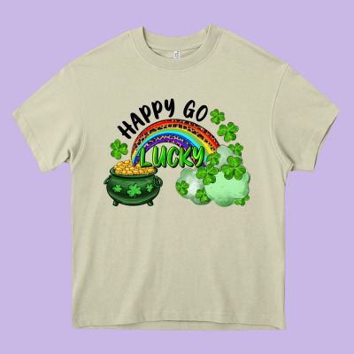 Heavy Core Tee Happy Go Lucky Rainbow Shamrocks And Pot Of Gold