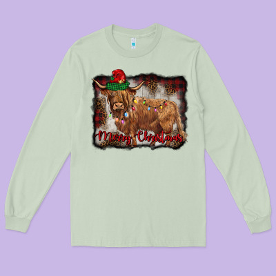 Merry Christmas Highland Cow Long Sleeve Tee Designed By Barkaloodesign