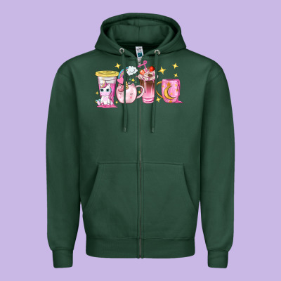 Unicorn Coffee Cups Zipper Hoodie Designed By Nancycooperartshop