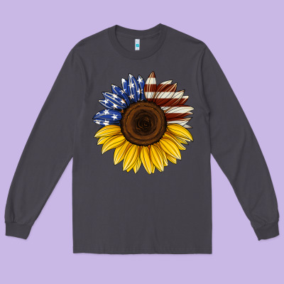 American Flag Sunflower Long Sleeve Tee Designed By Jasminsmagicworld