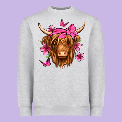 Floral Pink Bandana Longhaired Cow Heavyweight Sweatshirt Designed By Jasminsmagicworld