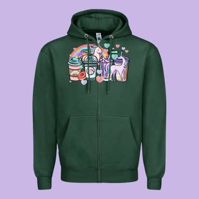 Unicorn Coffee Cups Zipper Hoodie Designed By Nancycooperartshop