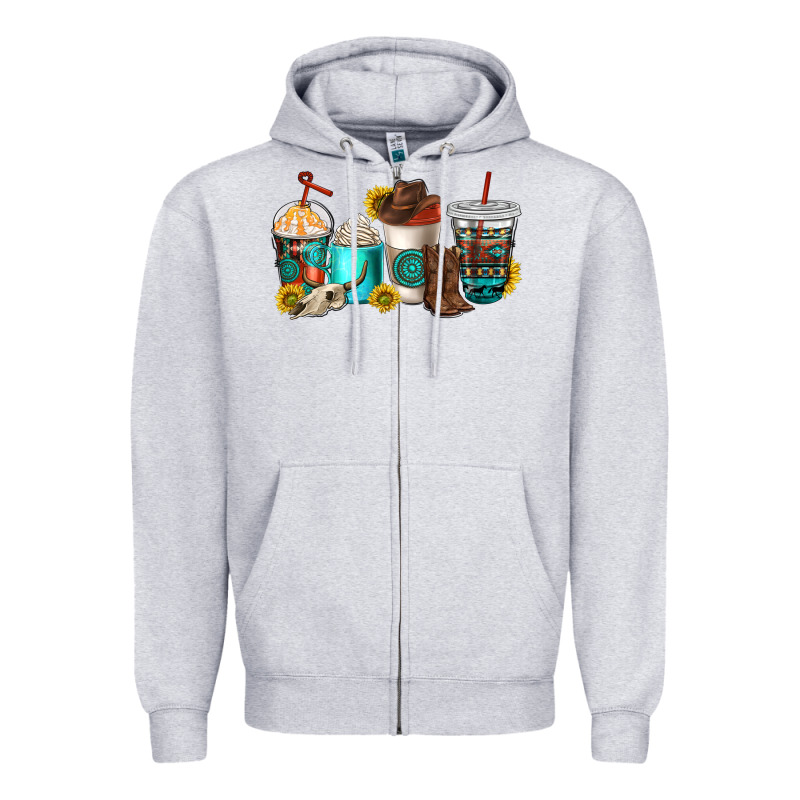 Western Coffee Cups Zipper Hoodie by NancyCooperArtShop | Teevron