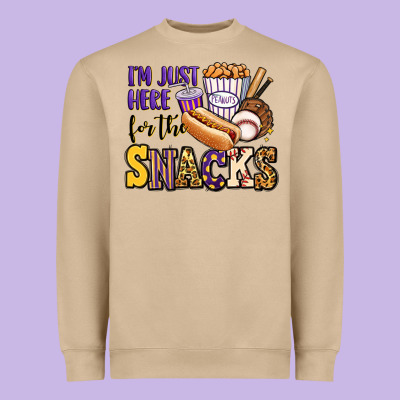 I'm Just Here For The Snacks Baseball Purple And G Heavyweight Sweatshirt Designed By Jasminsmagicworld