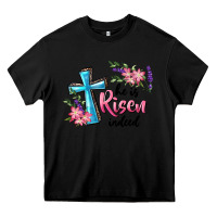 Black He Is Risen Indeed Cross And Flowers Heavy Core Tee - RanaPortraitStore