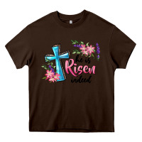 Chocolate Brown He Is Risen Indeed Cross And Flowers Heavy Core Tee - RanaPortraitStore