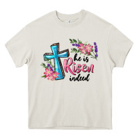 Cream He Is Risen Indeed Cross And Flowers Heavy Core Tee - RanaPortraitStore