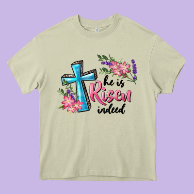 Heavy Core Tee He Is Risen Indeed Cross And Flowers
