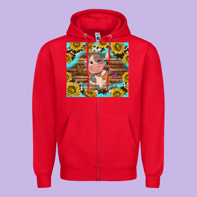 Western Cute Cow With Sunflower Zipper Hoodie Designed By Nancycooperartshop