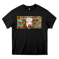 Black Heifer With Sunflower And Serape Heavy Core Tee - RanaPortraitStore