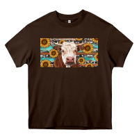 Chocolate Brown Heifer With Sunflower And Serape Heavy Core Tee - RanaPortraitStore