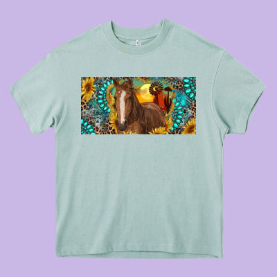 Heavy Core Tee horse and desert with sunflowers gemstone