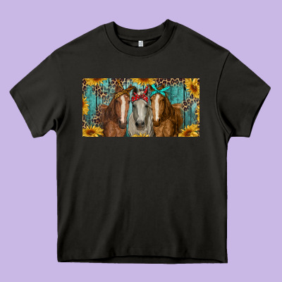 Heavy Core Tee horses with leopard and sunflowers