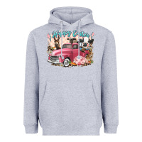 Heather Grey Happy Easter truck with Easter farm animals Heavyweight Hoodie - LillyAllenDesigns