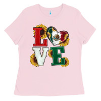 Bubblegum Pink Mexican Flag With Sunflowers Love Ladies Tee - RanaPortraitStore