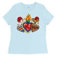 Baby Blue Sacred heart with leopard and serape heart Ladies Tee - RanaPortraitStore