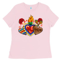 Bubblegum Pink Sacred heart with leopard and serape heart Ladies Tee - RanaPortraitStore
