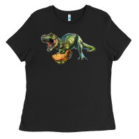 Black T-Rex dinosaur holding a taco Ladies Tee - RanaPortraitStore