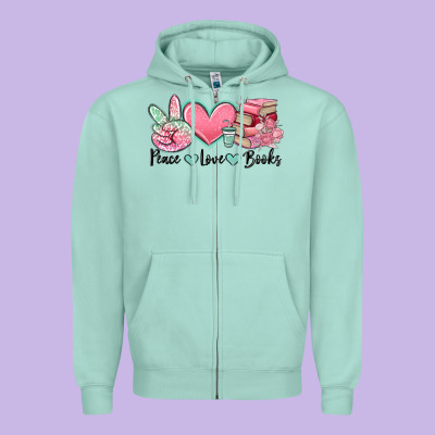 Peace Love Books Zipper Hoodie Designed By Maliassmallbusiness