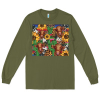 Army Green western cactus sunflower highlands cow Long Sleeve Tee - BarkalooDesign