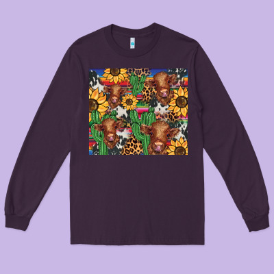 Western Cactus Sunflower Highlands Cow Long Sleeve Tee Designed By Barkaloodesign