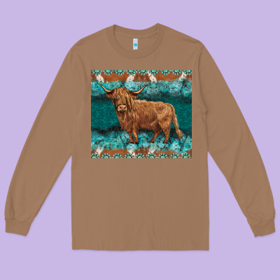 Turquoises Gemstones Cowhide Highland Cow Long Sleeve Tee Designed By Barkaloodesign