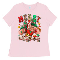 Bubblegum Pink Merry Christmas Caucasian girl sneakers Ladies Tee - RanaPortraitStore