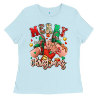 Baby Blue Merry Christmas Caucasian girl sneakers Ladies Tee - RanaPortraitStore