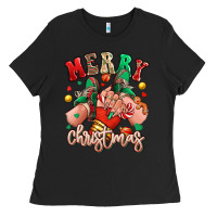 Black Merry Christmas Caucasian girl sneakers Ladies Tee - RanaPortraitStore