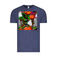 Vintage Denim halloween ghost and headstone seamless pattern Vintage Tee - BundleAndBundleShop