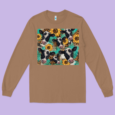 Western Leopard Sunflower Black And White  Cow Long Sleeve Tee Designed By Barkaloodesign
