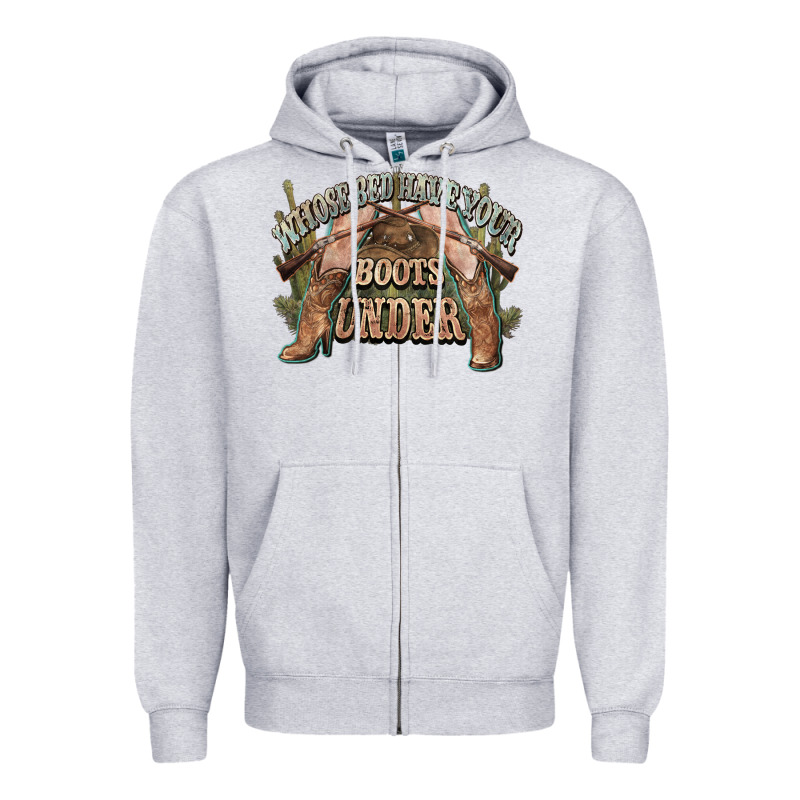 Whose Bed Have Your Boots Under Cowboy Western Zipper Hoodie by NancyCooperArtShop | Teevron