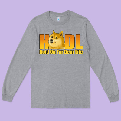 Hodl Hold On For Dear Life Dogecoin Long Sleeve Tee Designed By Jasminsmagicworld