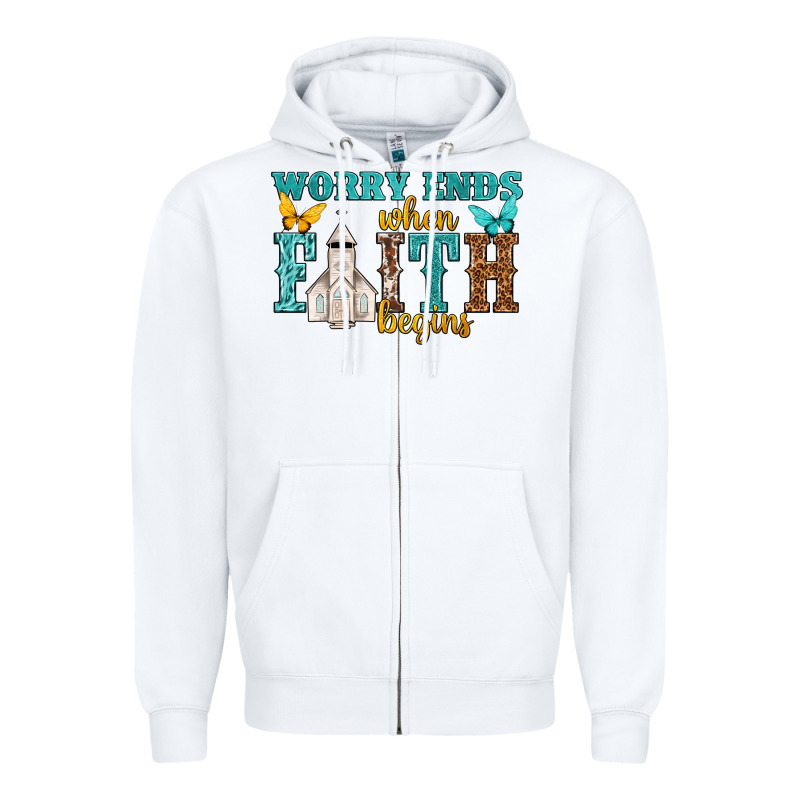 Worry Ends When Faith Begins Zipper Hoodie by NancyCooperArtShop | Teevron