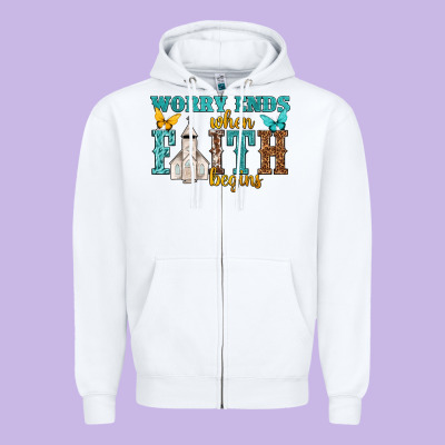 Worry Ends When Faith Begins Zipper Hoodie Designed By Nancycooperartshop