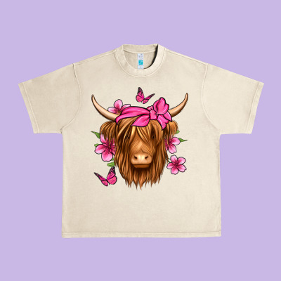 Floral Pink Bandana Longhaired Cow Urban Heavy Tee Designed By Jasminsmagicworld