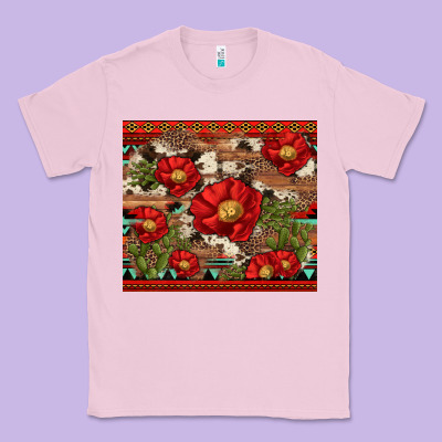 Red Flower And Cactus With Cowhide And Aztec Classic Tee Designed By Artiststas