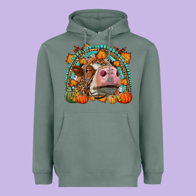 Fall Cow Rainbow Heavyweight Hoodie Designed By Lillyallendesigns