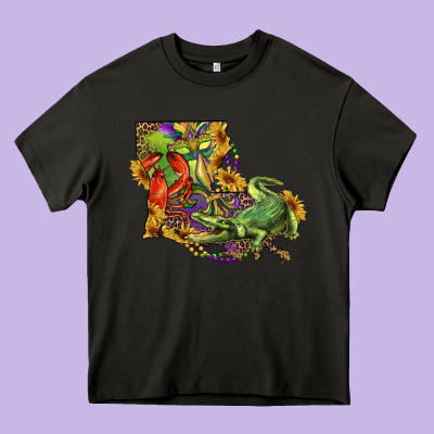 Heavy Core Tee Louisiana Map With Mardi Gras Crocodile