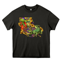 Asphalt Louisiana Map With Mardi Gras Crocodile Heavy Core Tee - RanaPortraitStore