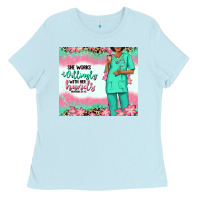 Baby Blue she works willingly with her hands afro nurse Ladies Tee - RanaPortraitStore