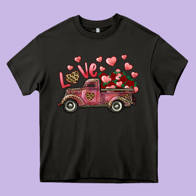Heavy Core Tee Love Truck With Roses And Leopard