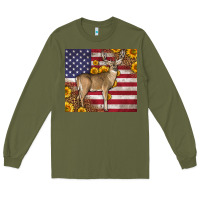 Army Green Western American Flag And Deer Long Sleeve Tee - LillyAllenDesigns