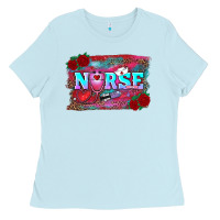 Baby Blue valentines day nurse with leopard and turquoise ba Ladies Tee - RanaPortraitStore