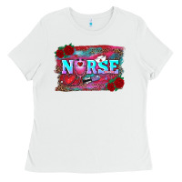 White valentines day nurse with leopard and turquoise ba Ladies Tee - RanaPortraitStore